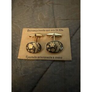 Brand New Vintage Damascene Cufflinks 1960s Gold Tone Black Enamel Damasquinado